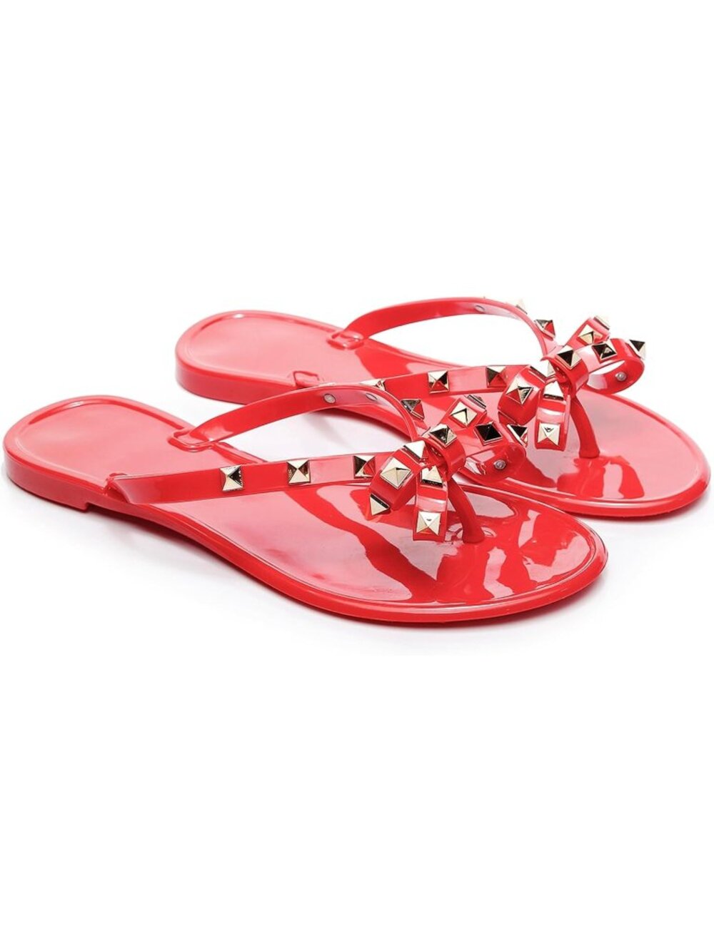 Women's Red Thong Open Toe Jelly Bow Stud Slip On Studded Flat Sandal Shoes